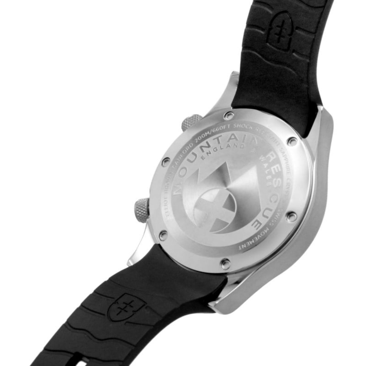 Men's watch caseback on black rubber strap with engraved silver-tone back plate