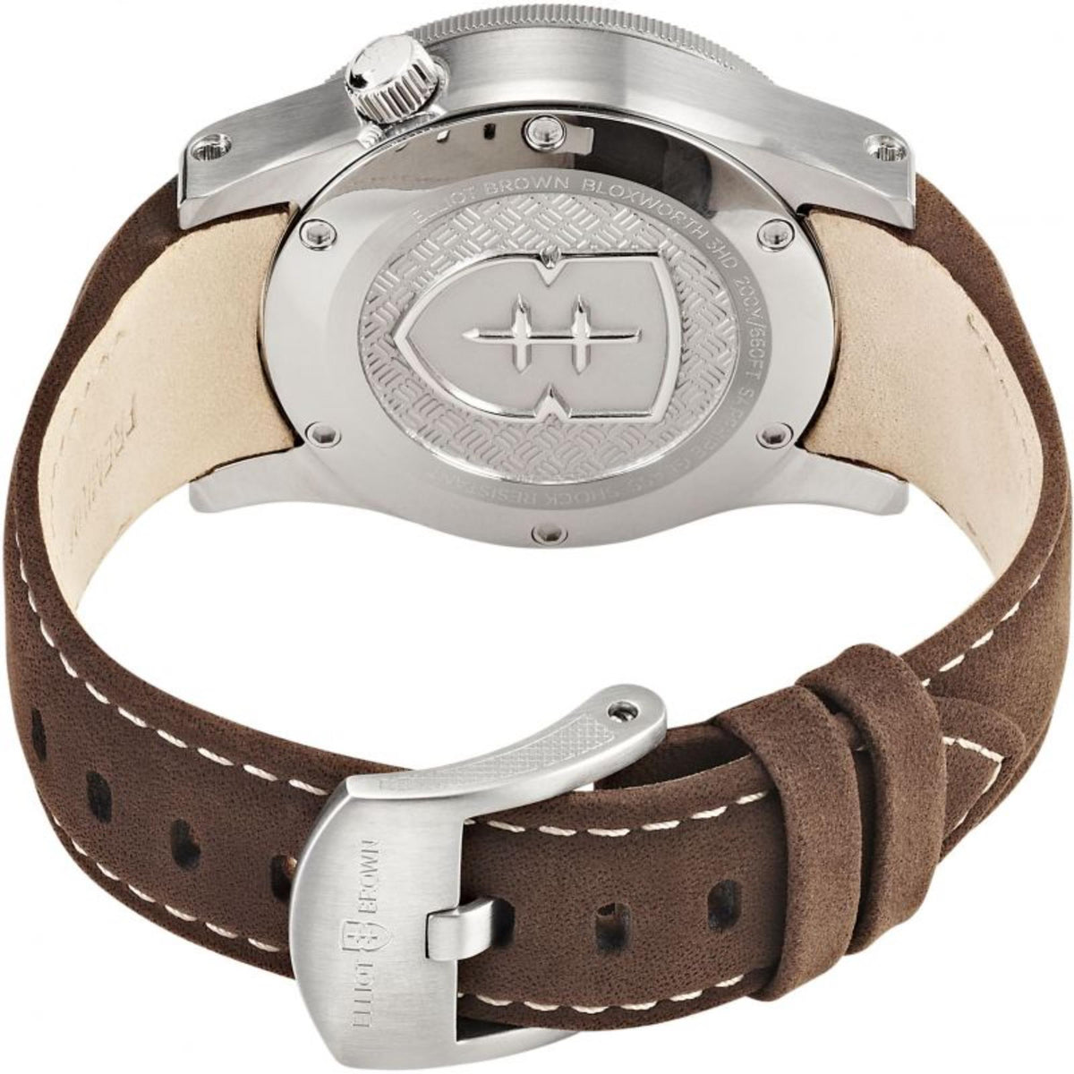 Elliot Brown diver watch underside with engraved silver case back and brown leather strap