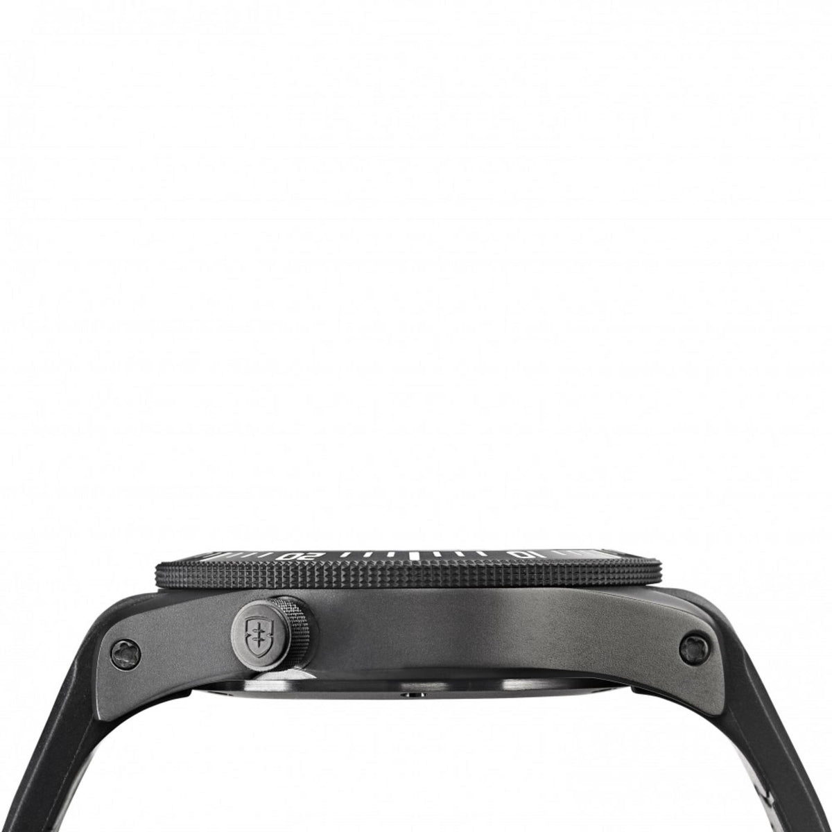 Black watch case side with textured bezel and push crown area on rubber strap