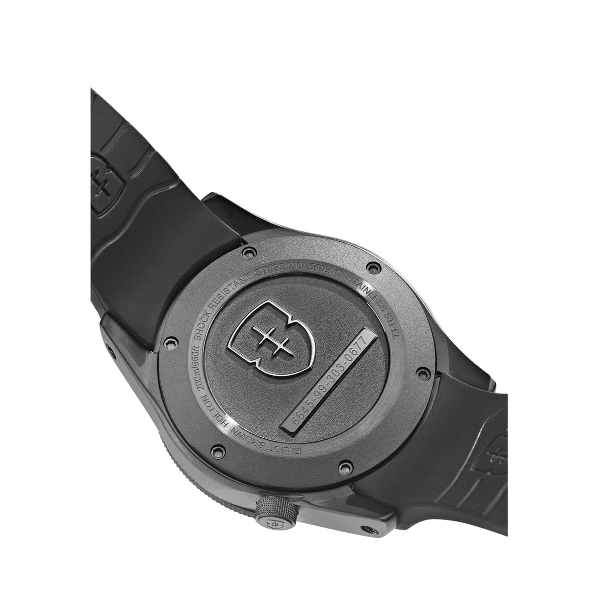 Men's black rubber strap watch caseback and crown side detail with engraved emblem