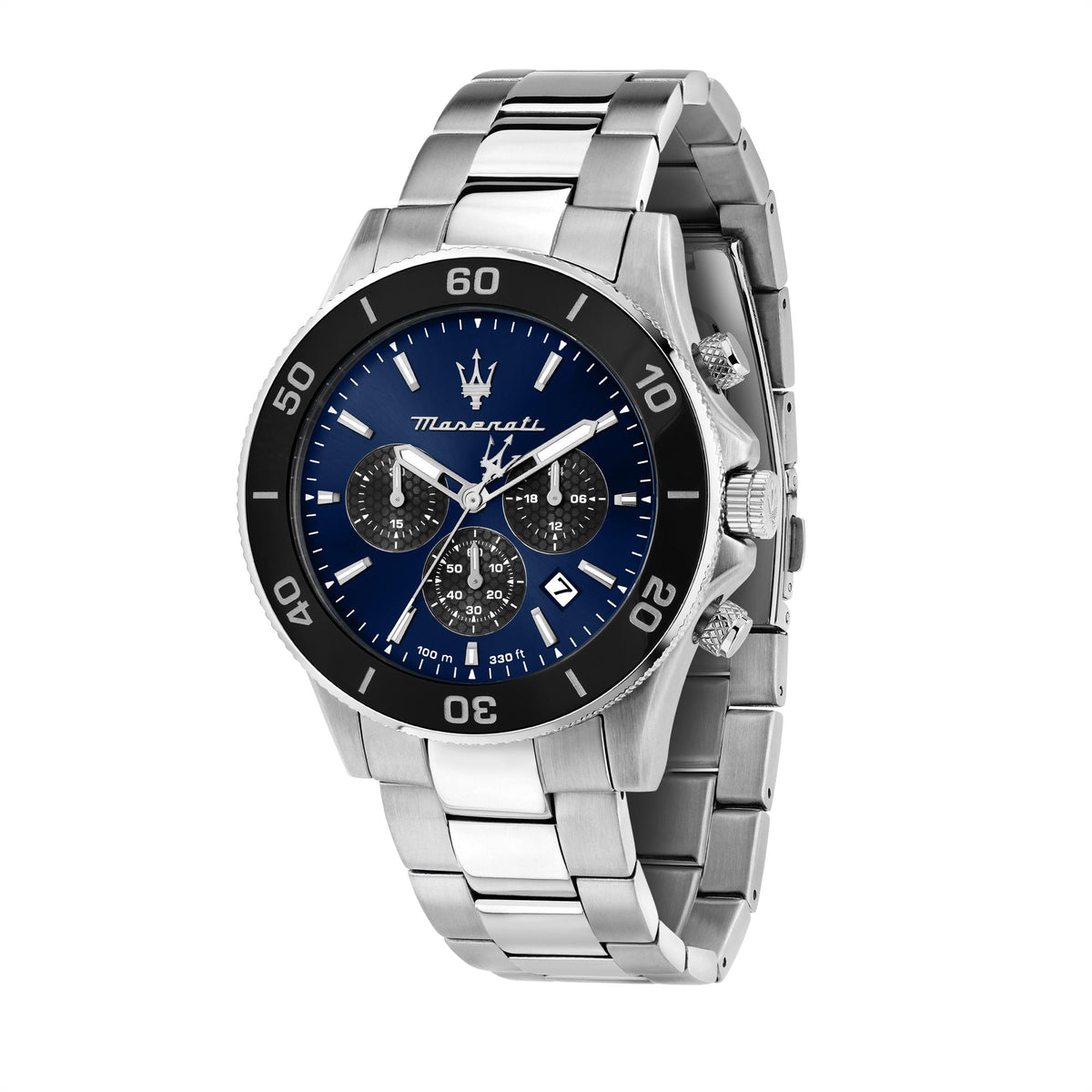Men’s Maserati stainless steel watch with blue dial and chronograph subdials
