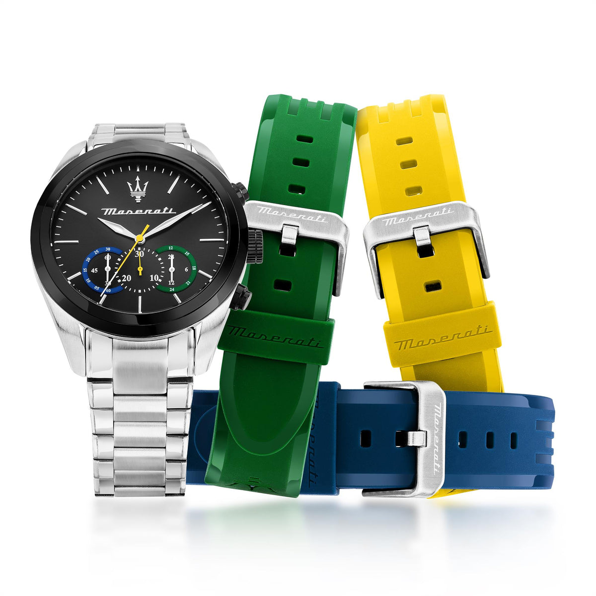Men’s quartz chronograph watch with black dial and green, yellow, and blue silicone straps