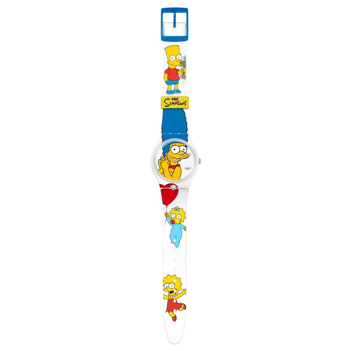 Swatch ladies watch with white strap displaying multiple Simpsons character graphics