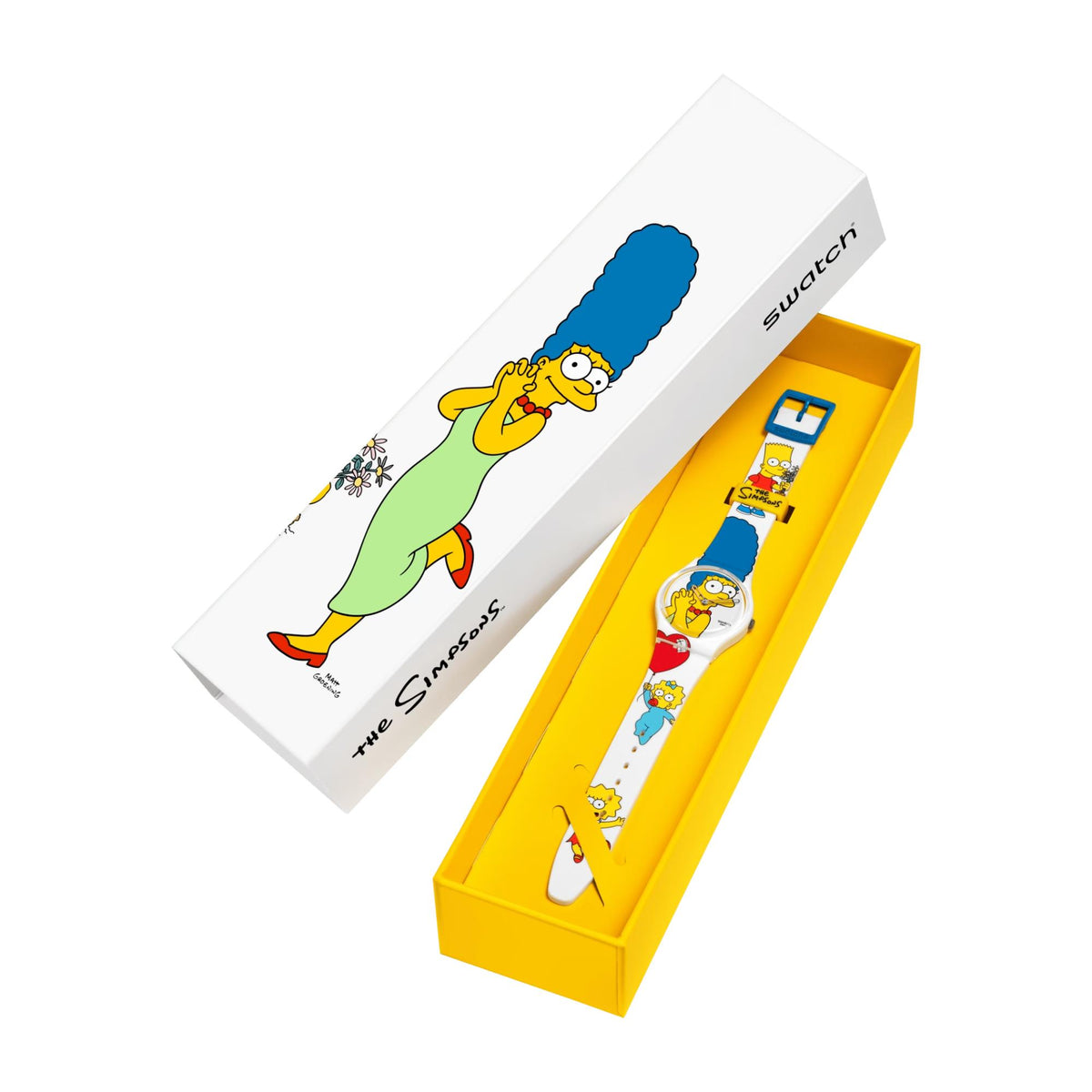 Swatch Simpsons ladies watch packaged in box with blue strap top and character artwork
