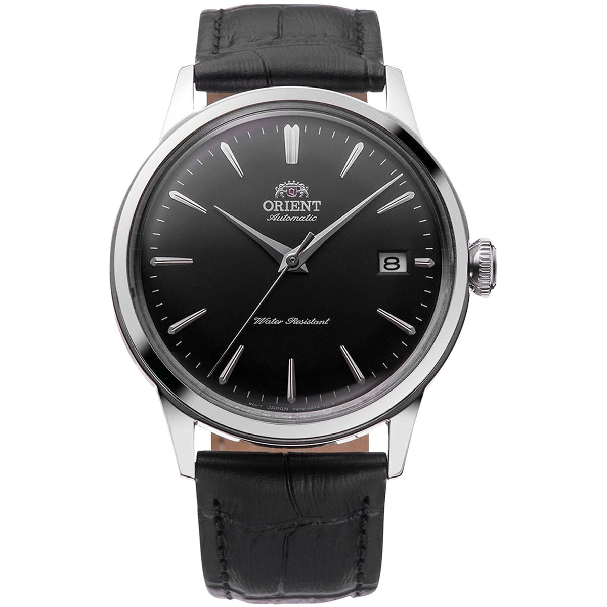 Men's automatic watch with black dial, silver case, and black leather strap