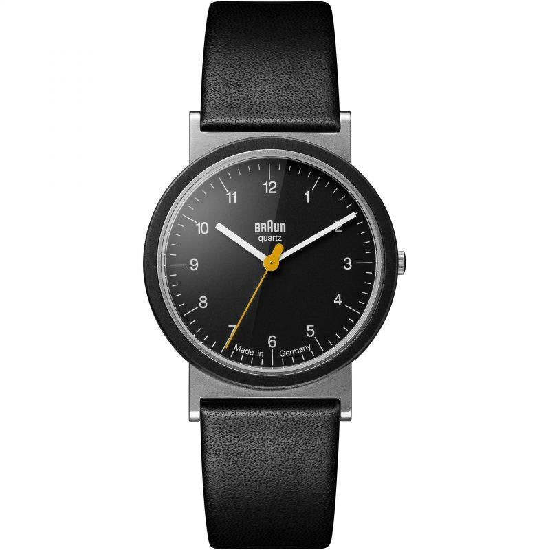 Men's black quartz watch with black leather strap, black dial, yellow second hand