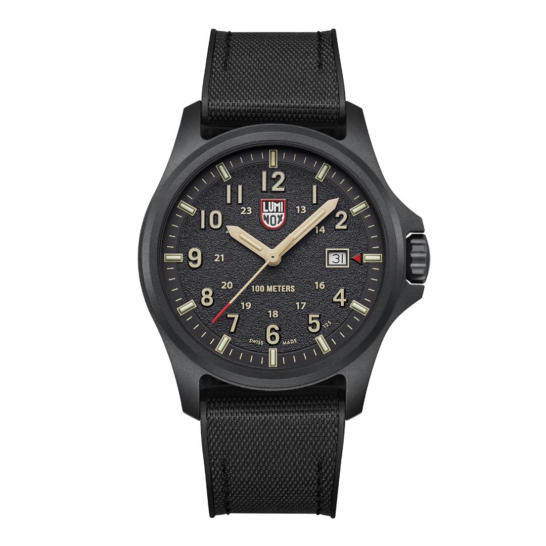 Black 43mm quartz field watch with textured black strap and black dial with gold markers