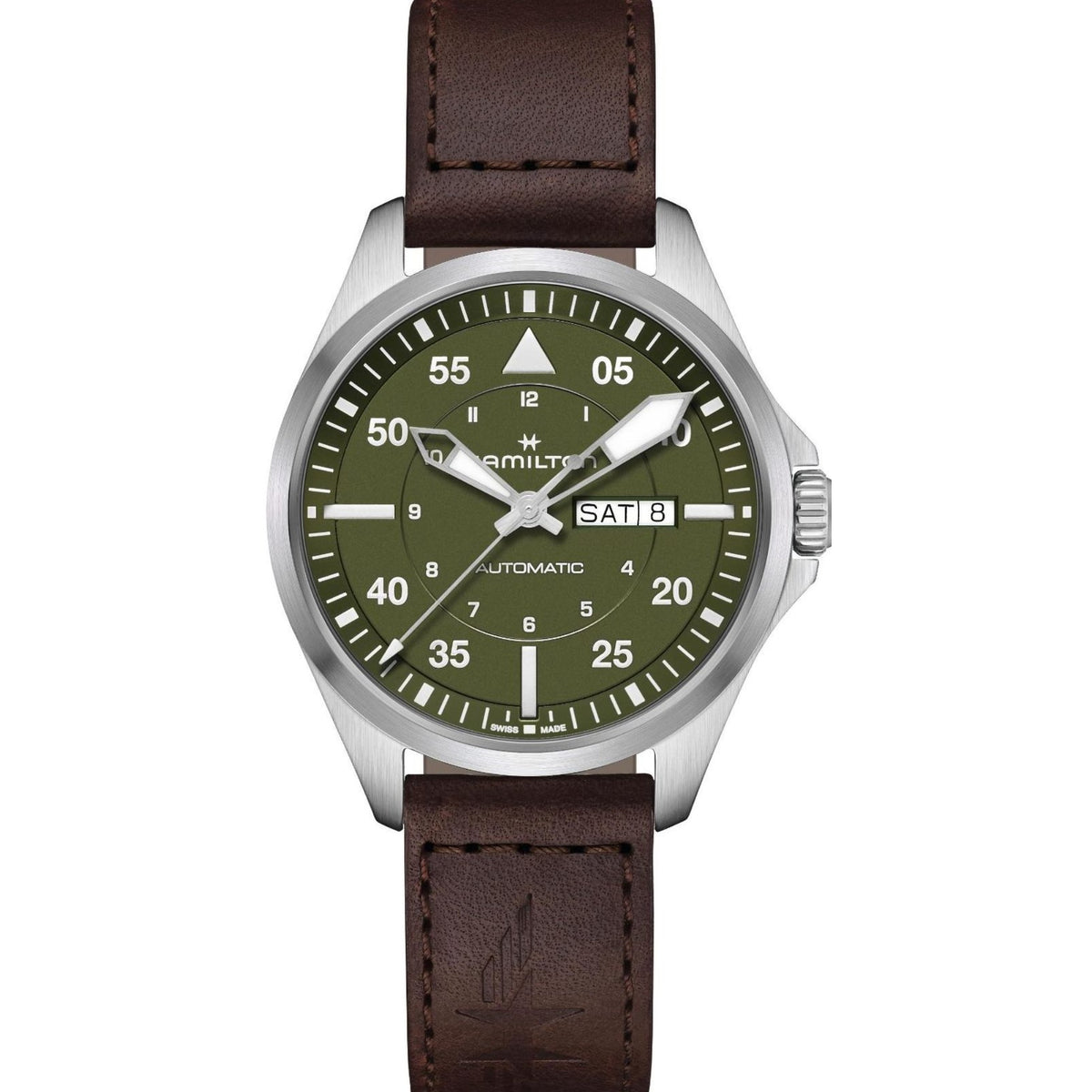 Hamilton Khaki Aviation H64635560 42mm automatic mens watch front view showing green dial and brown leather strap