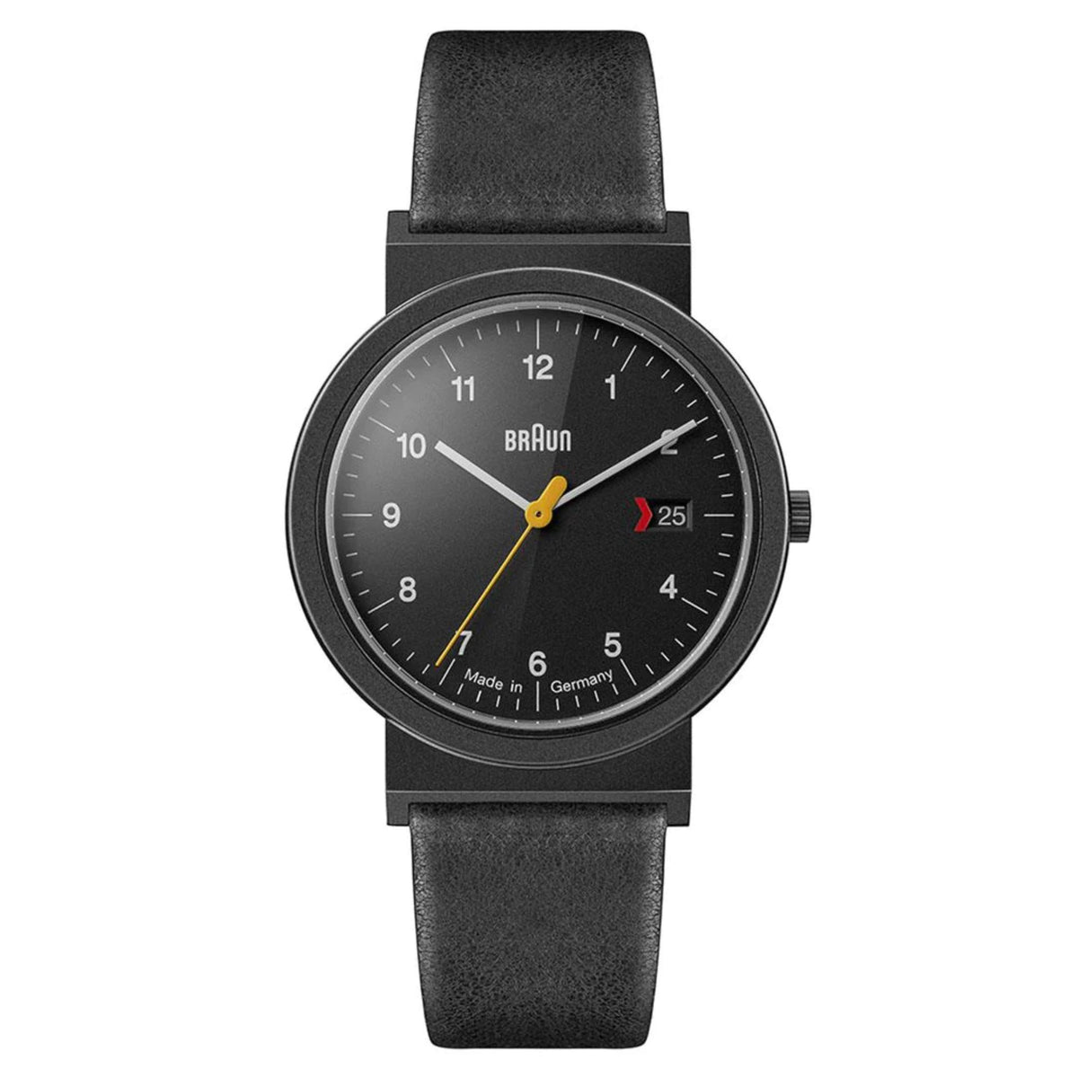 Men's quartz wristwatch with black dial, yellow hands, and black leather strap