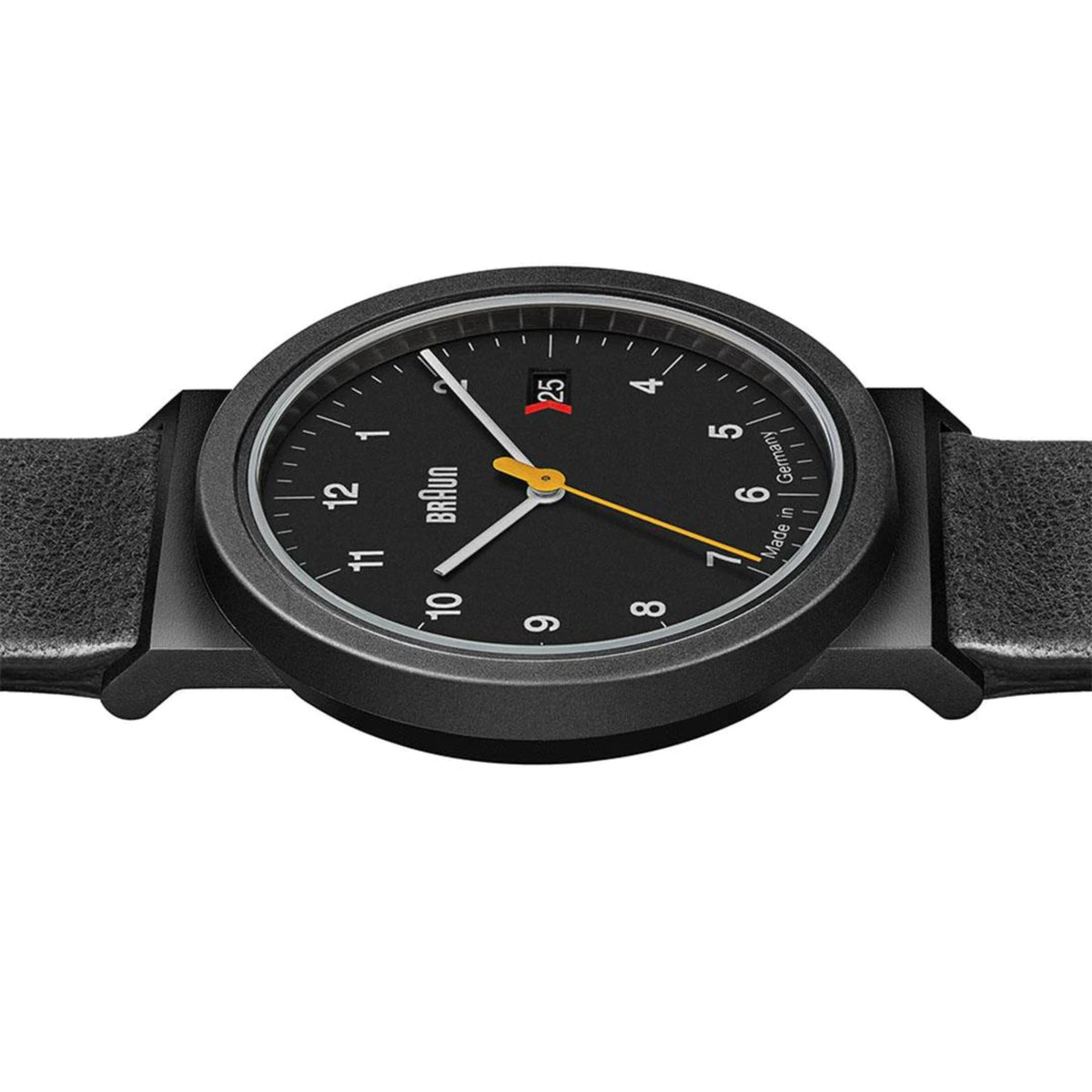 Men's quartz wristwatch front view with black dial, yellow hands, and date window