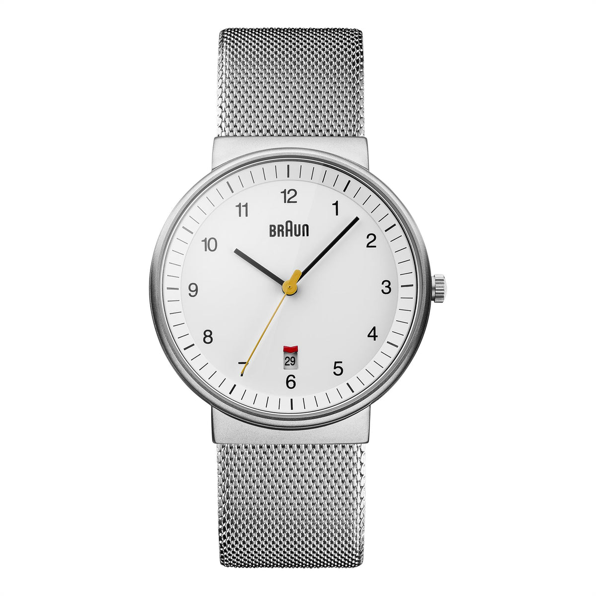 Men's analog quartz watch with white dial and silver steel mesh band