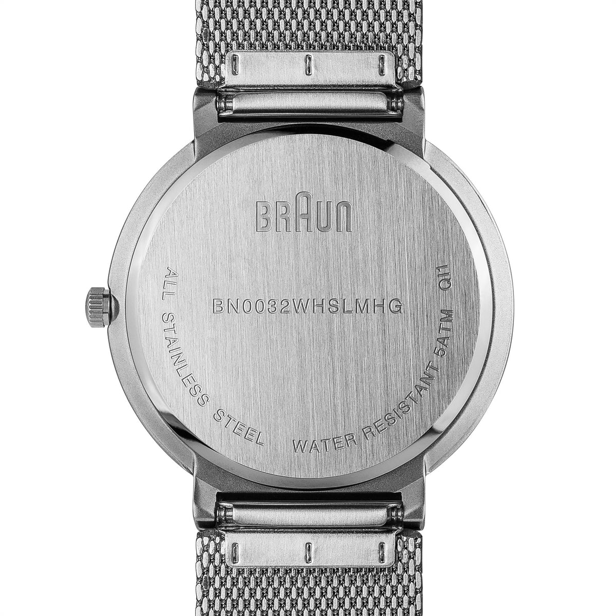 Men's quartz watch case back in stainless steel with engraved model text