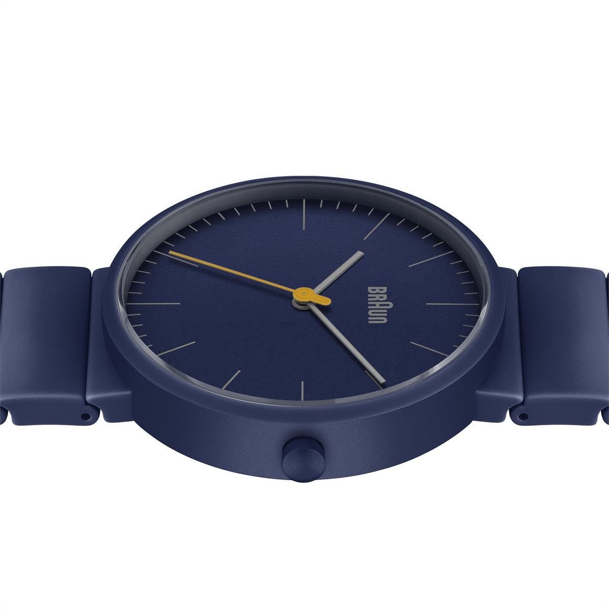 Braun Quartz watch with navy dial, gold hands, and navy silicone bracelet