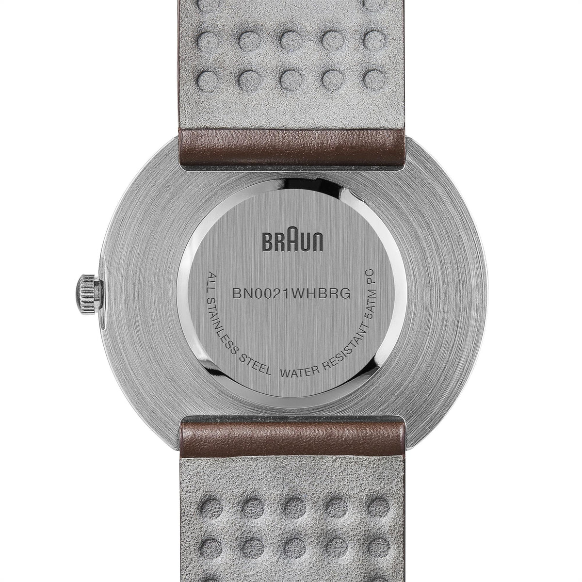 Braun stainless steel watch caseback with text, on brown leather strap