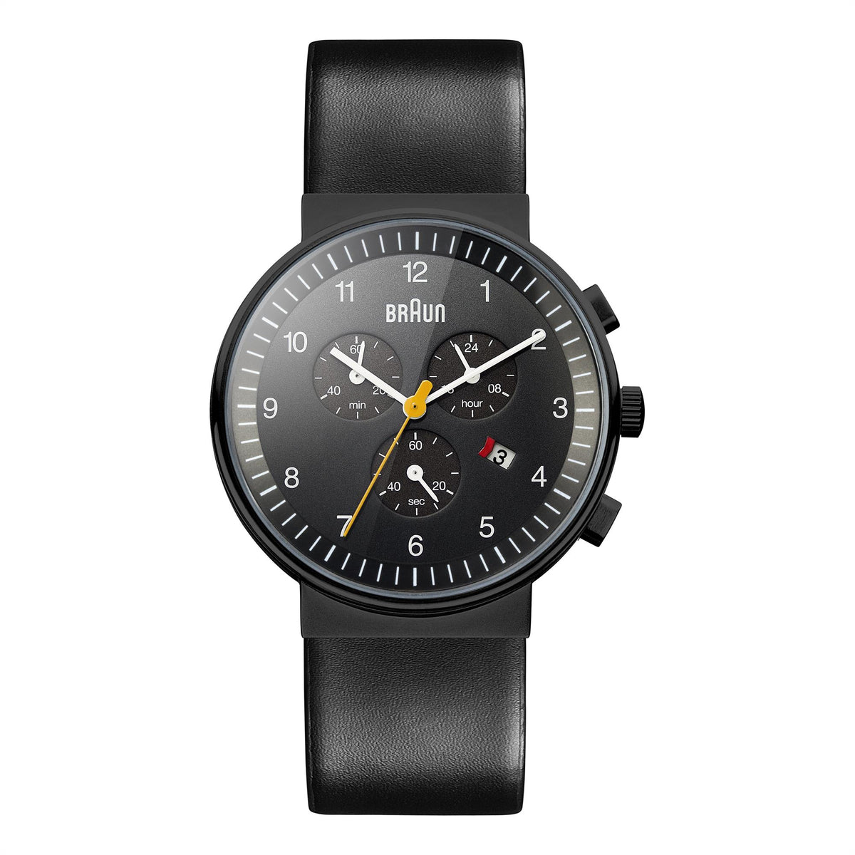 Men's quartz watch with black dial and black leather strap, round black case