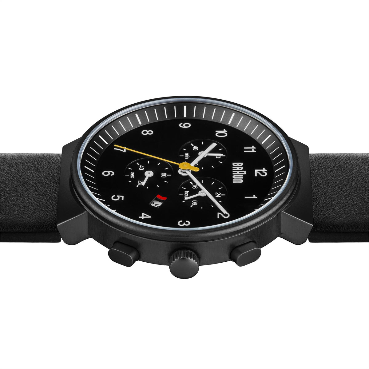 Men's quartz chronograph watch with black dial, yellow seconds hand, and multiple subdials