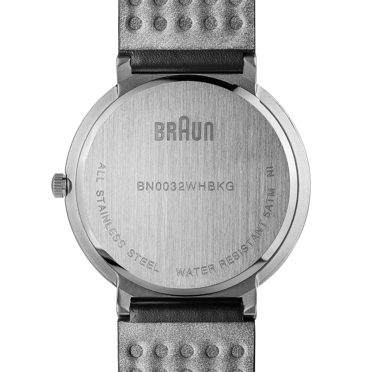 Men's watch case back with 'BRaun' engraving and black leather strap