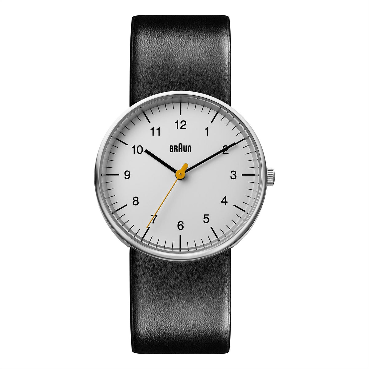 Men's analog watch with white dial, black leather strap, and silver-tone round case.