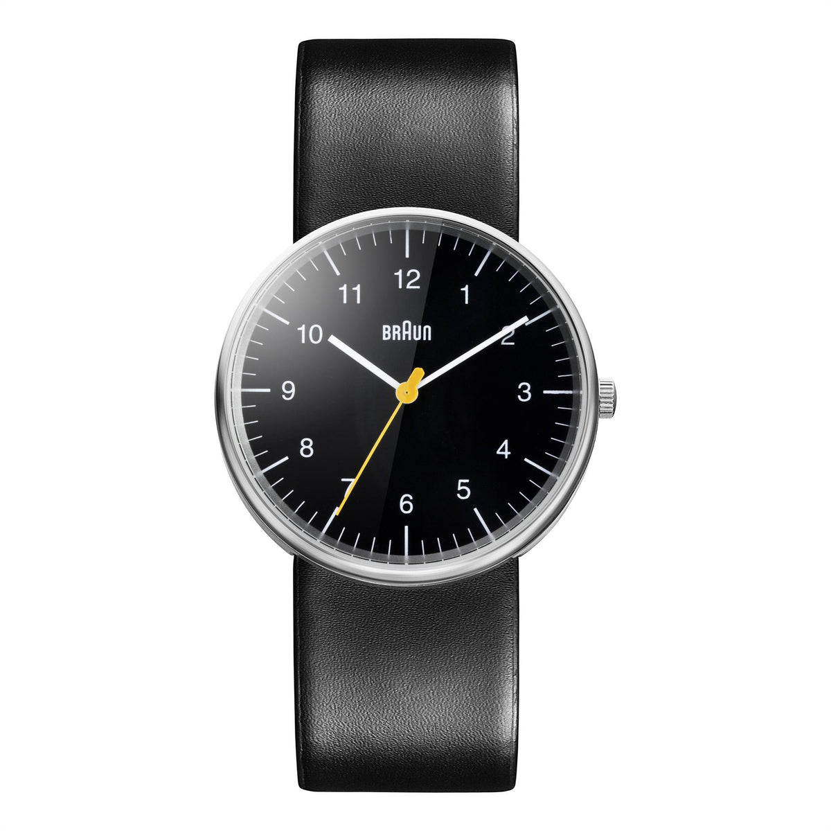 Men's Braun quartz watch with black dial, black leather strap, and silver round bezel