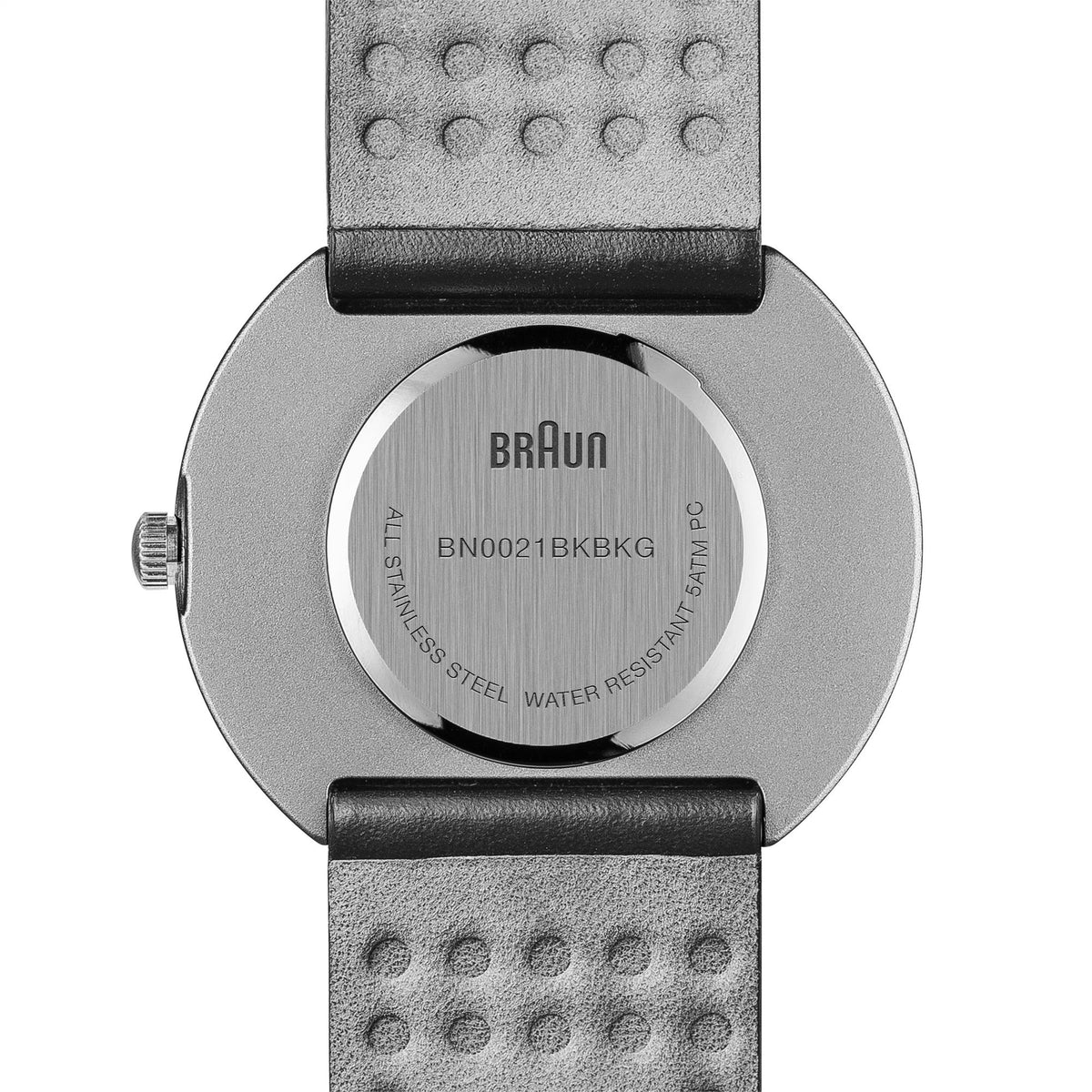 Men's Braun quartz watch with black dial, stainless-steel case, black leather strap