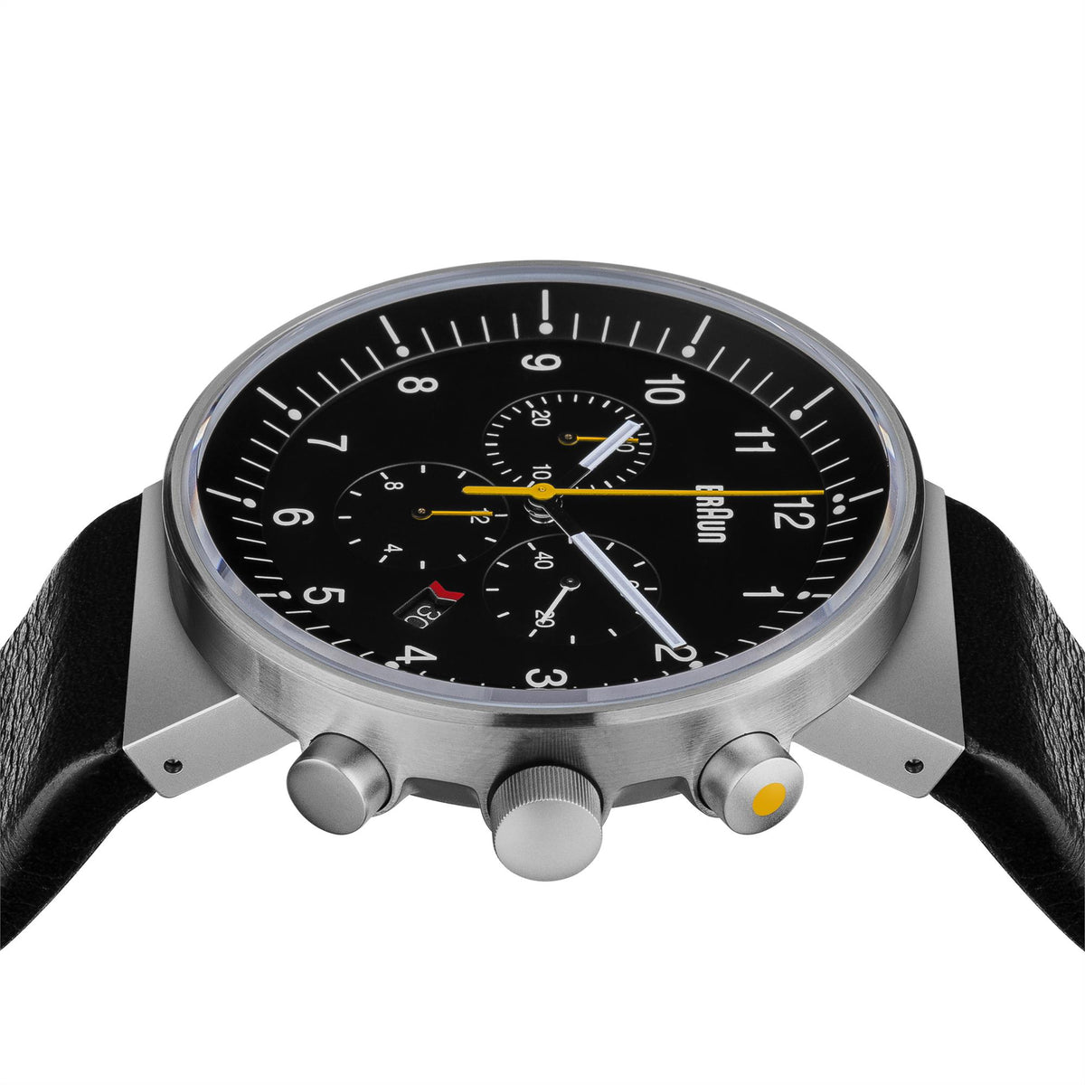 Braun chronograph-style watch with black dial, three subdials, silver case, black strap