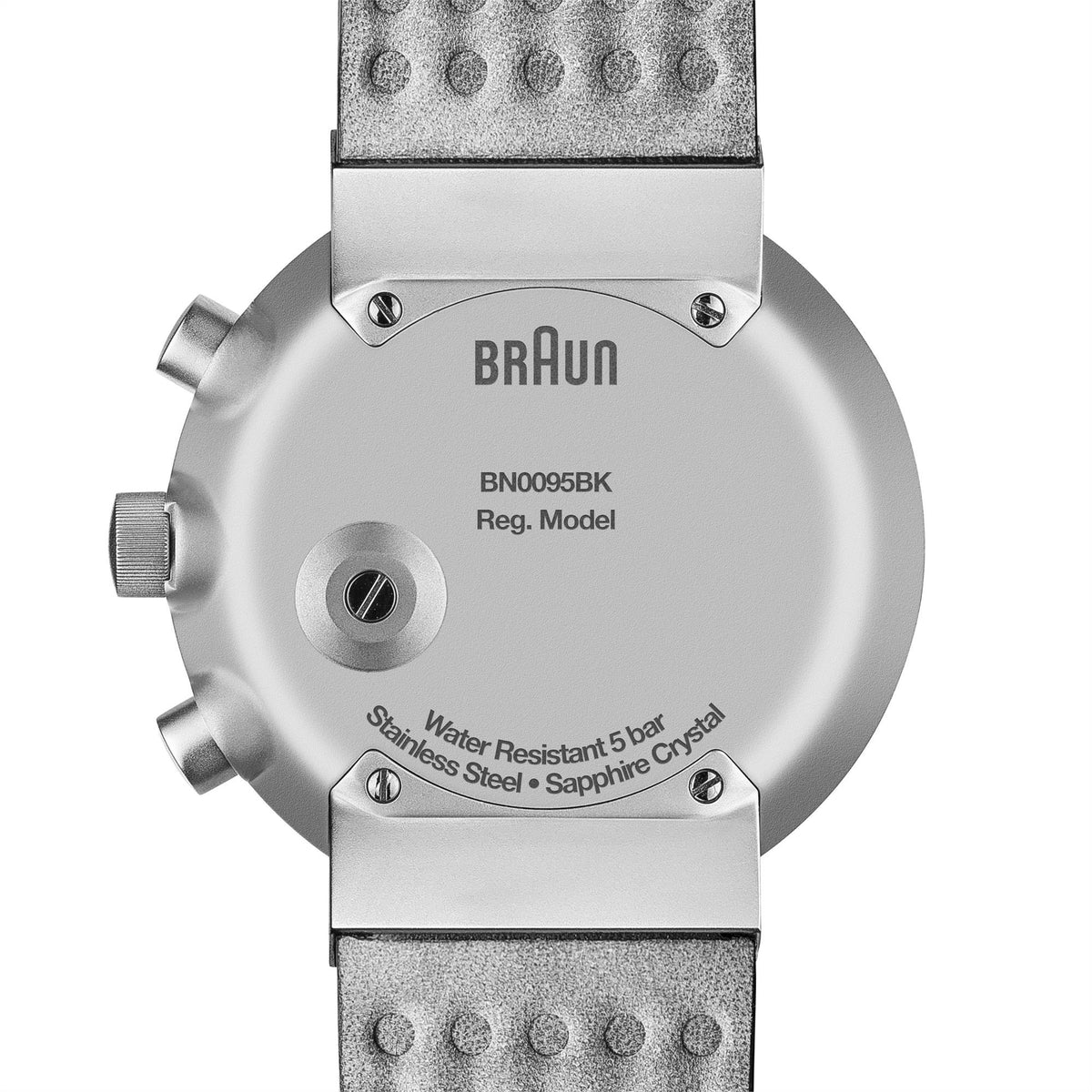 Braun watch case back on black leather strap, labeled Water Resistant 5 bar