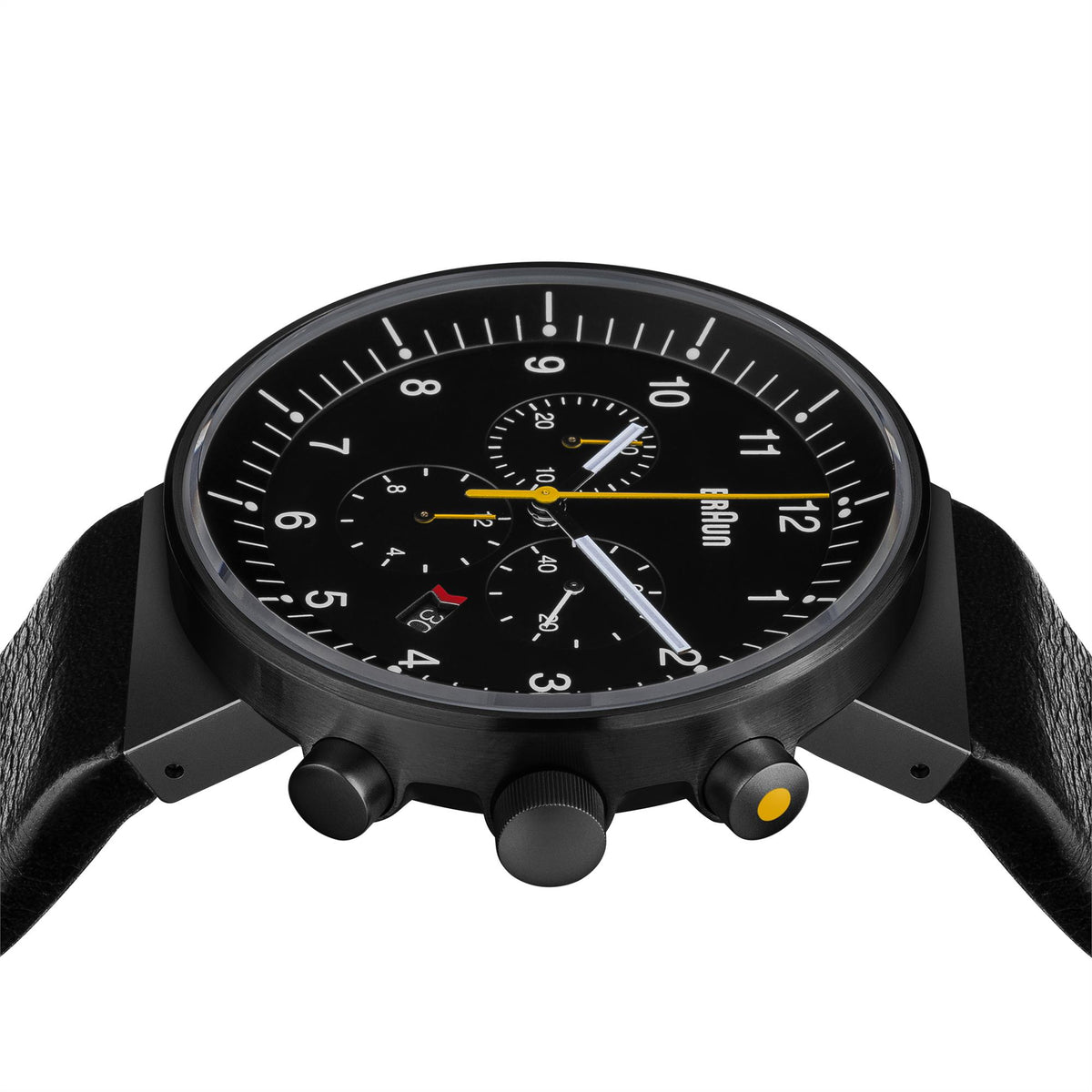 Men's black dial chronograph watch with crown and pushers, black leather strap