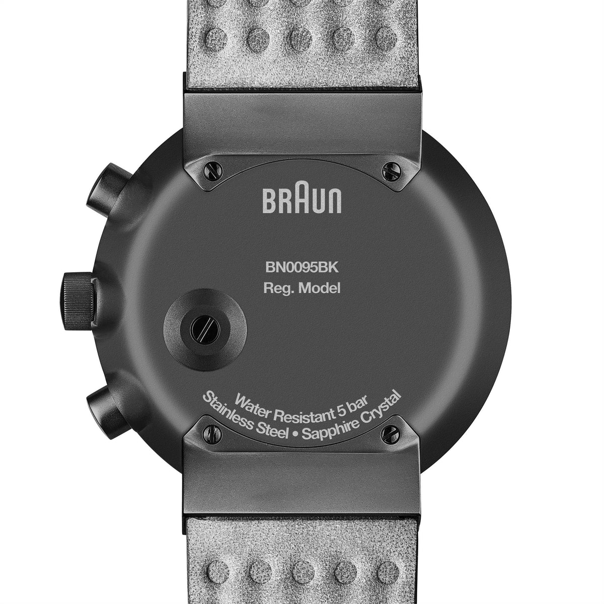 Men's watch case back with Braun branding and water-resistant 5 bar text