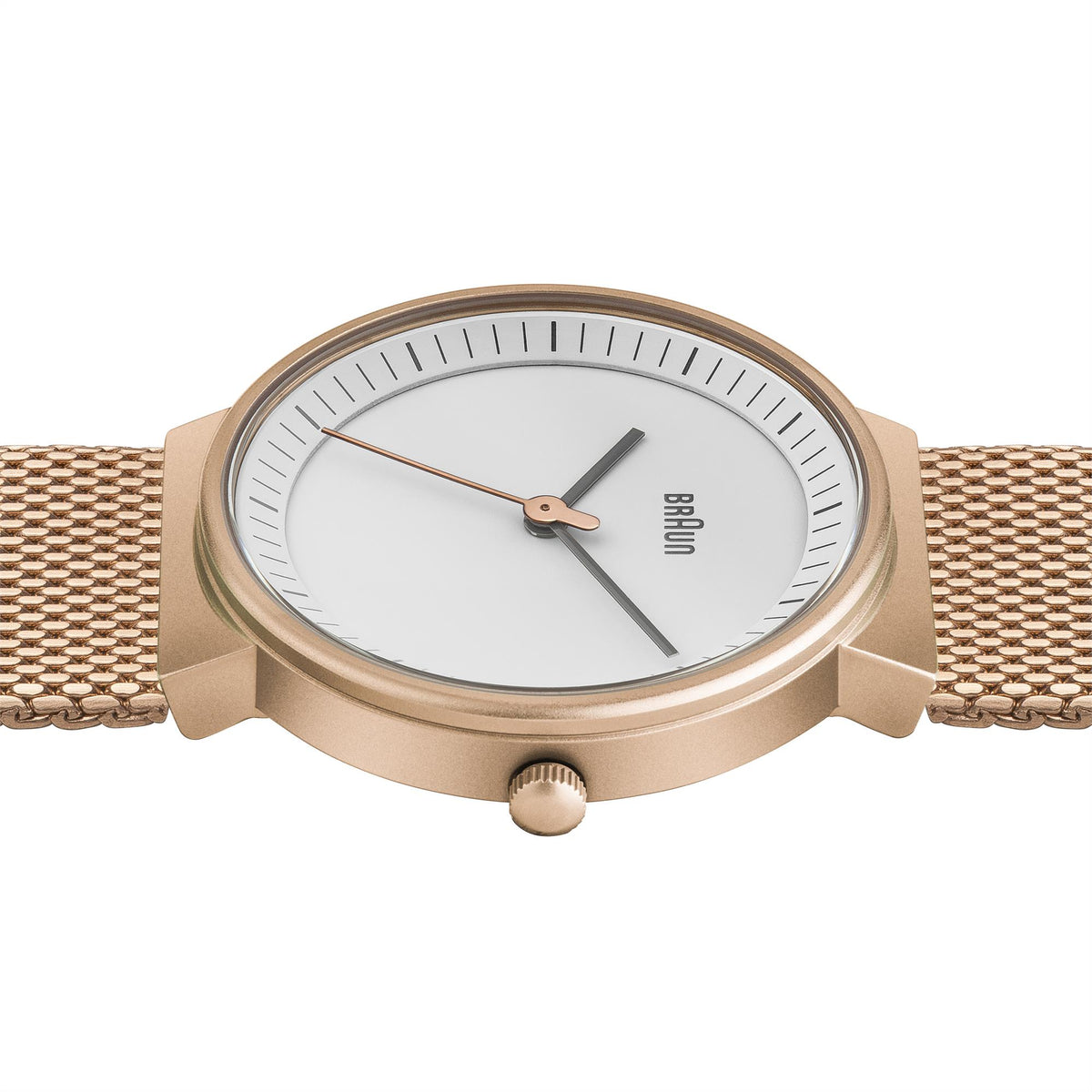 Gold-tone ladies quartz watch with white dial and metal mesh strap