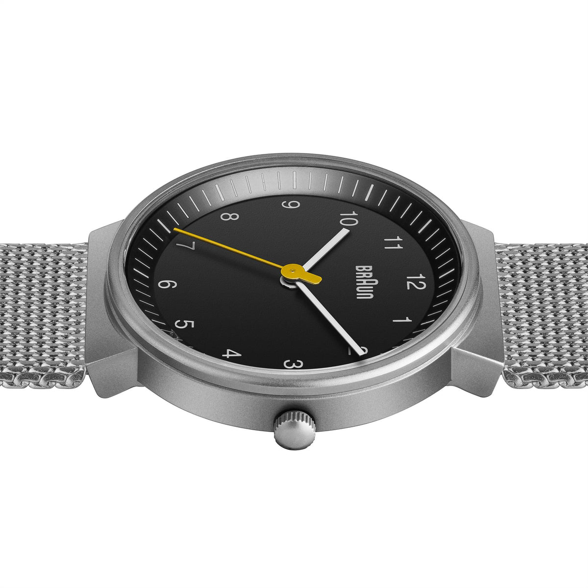 Ladies quartz watch angled view: black dial with yellow second marker and silver case