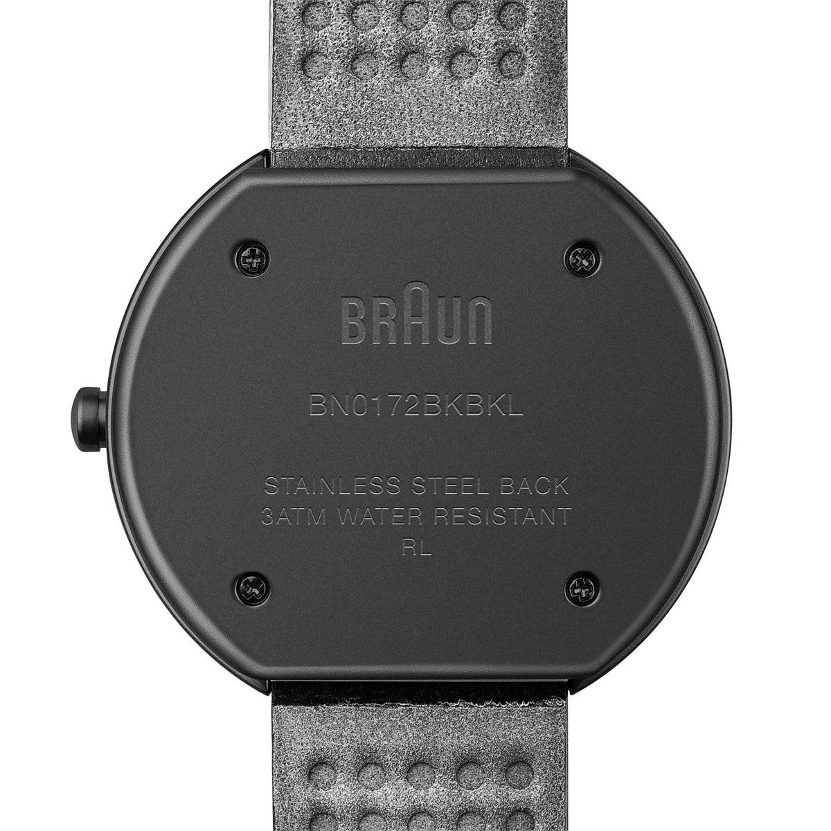 Braun watch stainless steel case back, marked 3ATM water resistant; black leather strap