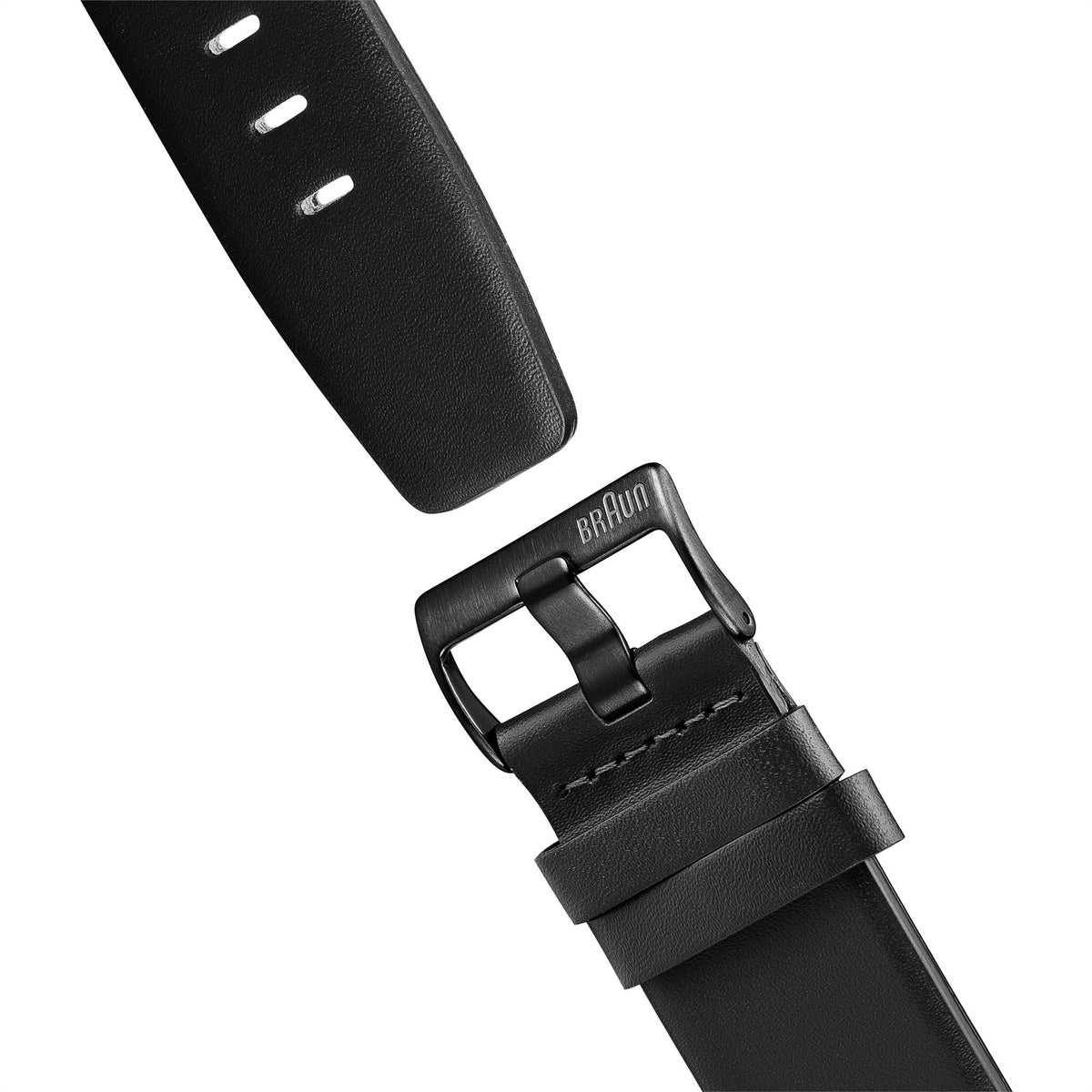 Braun black leather watch strap with buckle and stitched edges