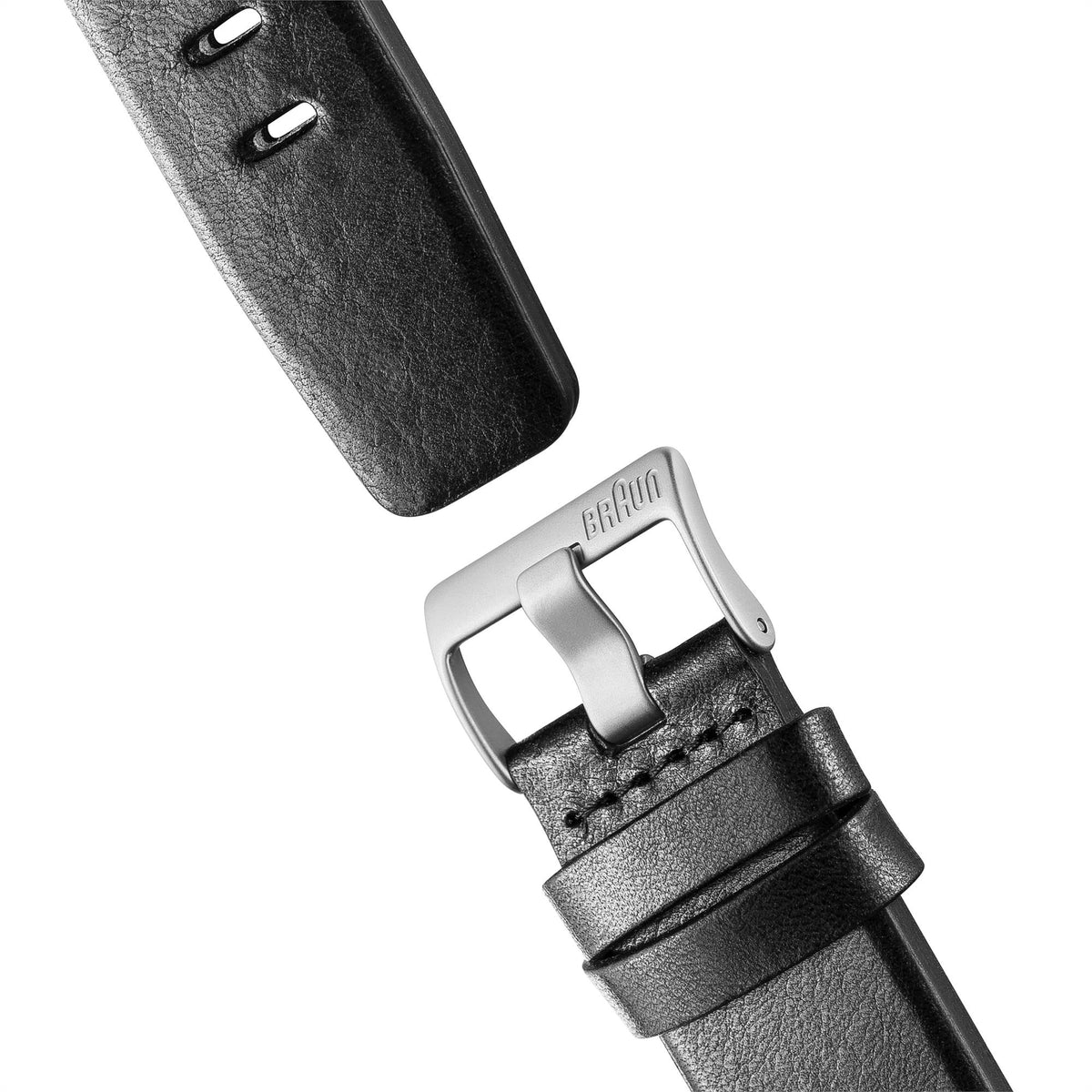 Black leather watch strap with silver buckle and stitching, Braun-branded hardware