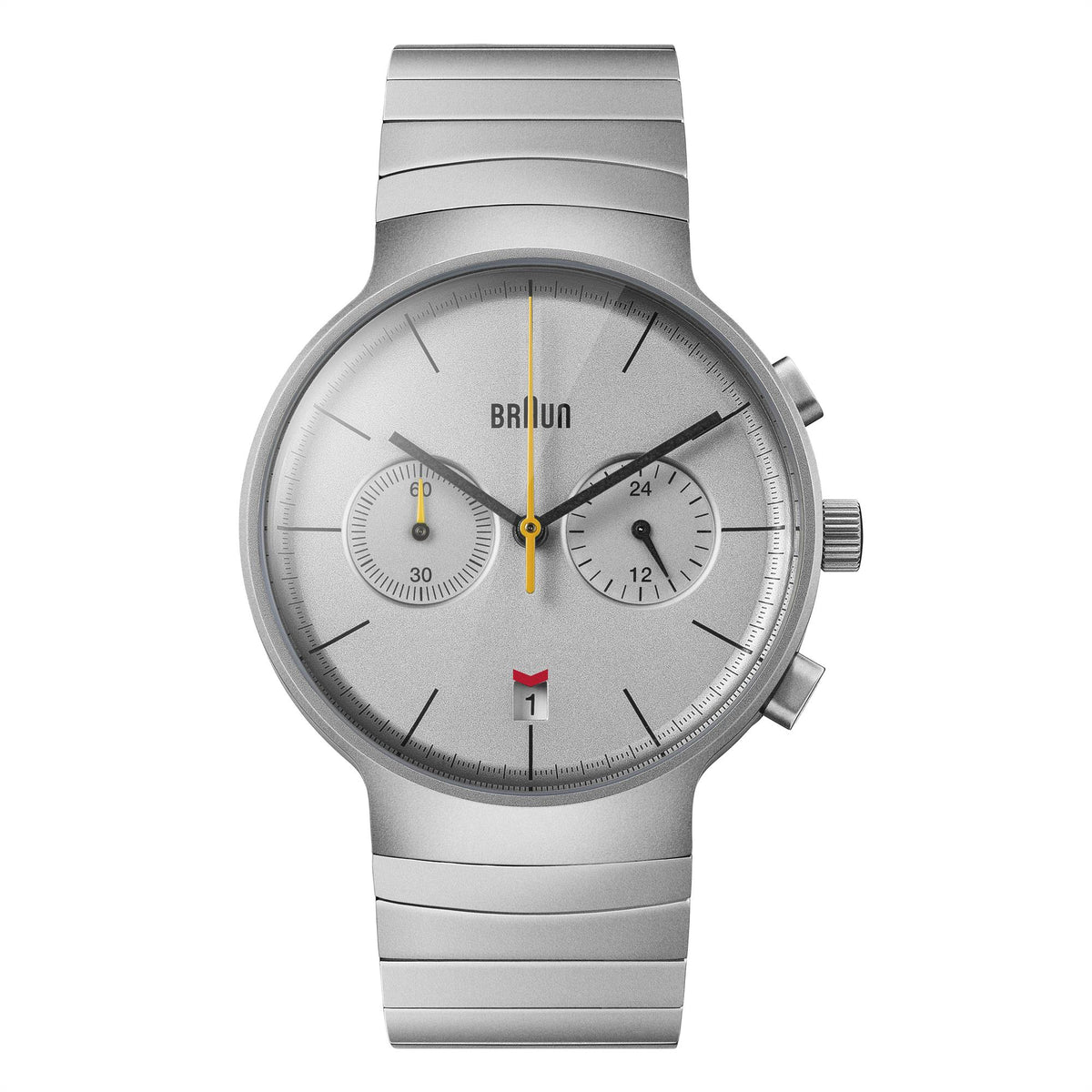 Men's steel quartz watch with silver dial, chronograph subdials, and metal bracelet.