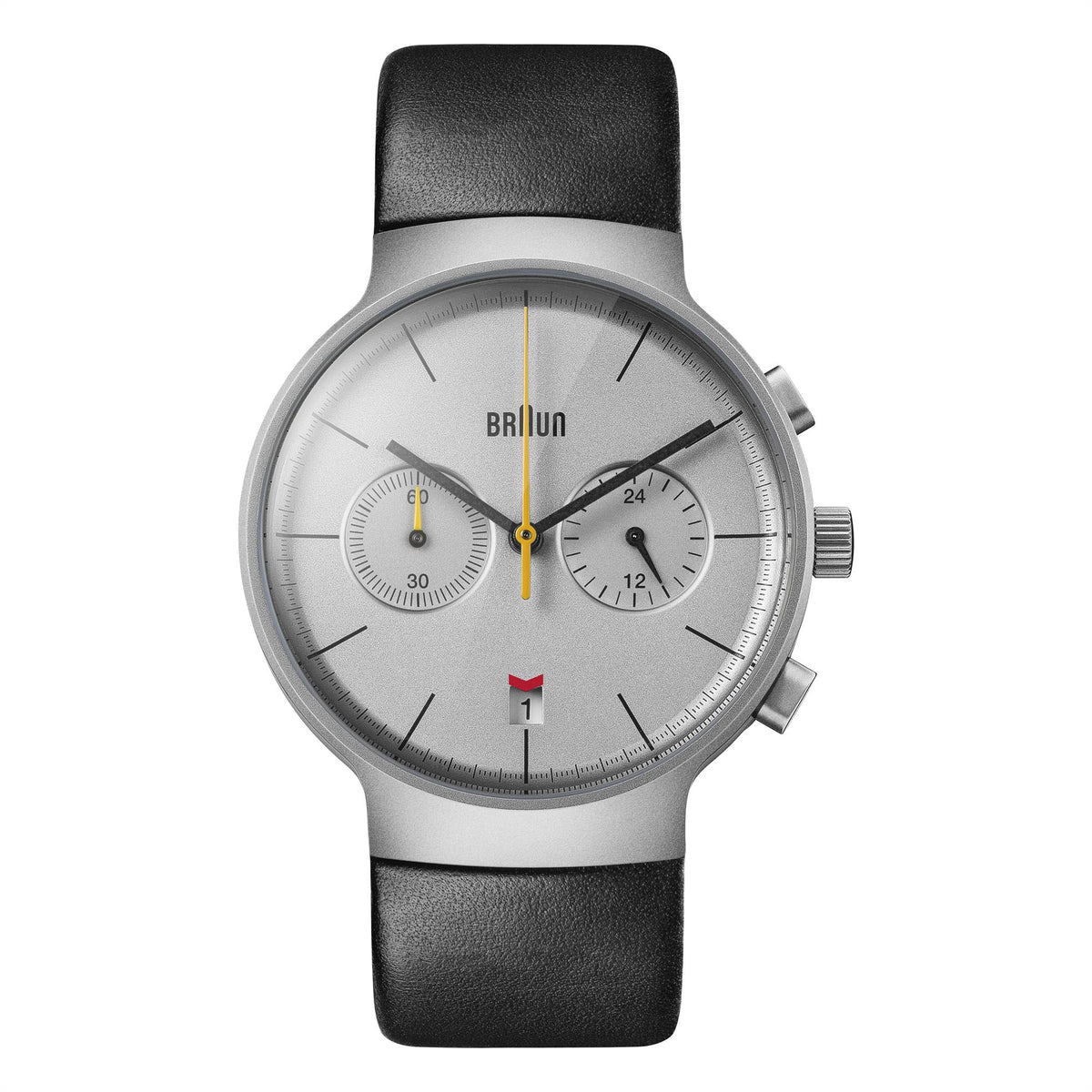 Men’s analog watch, silver case, black leather strap, silver dial with subdials