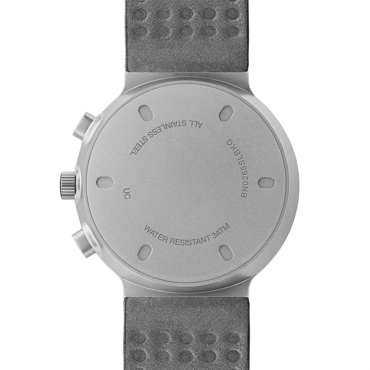 Stainless steel case back showing WATER RESISTANT 3ATM, with black leather strap