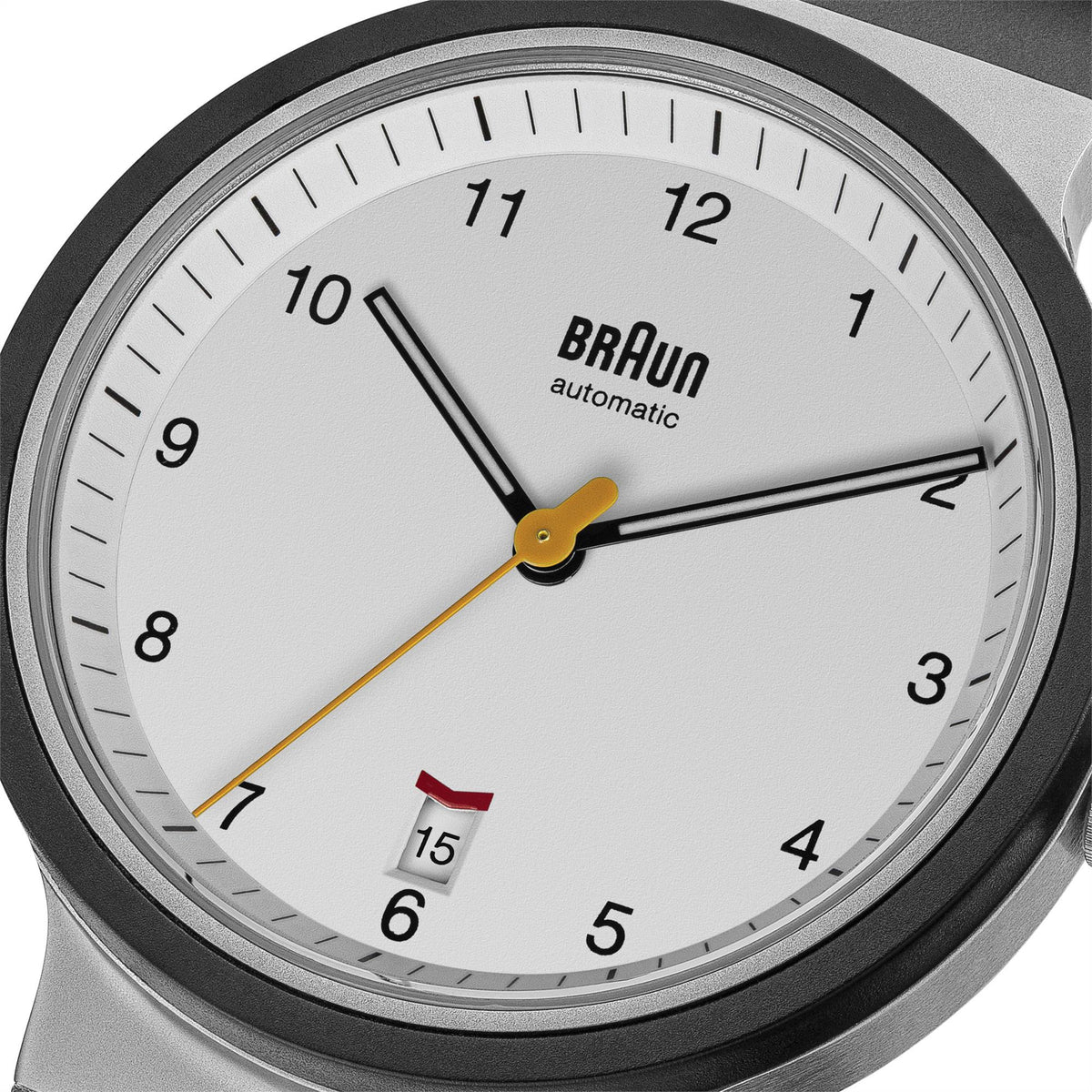 Braun Prestige automatic watch close-up with white dial and gold second hand