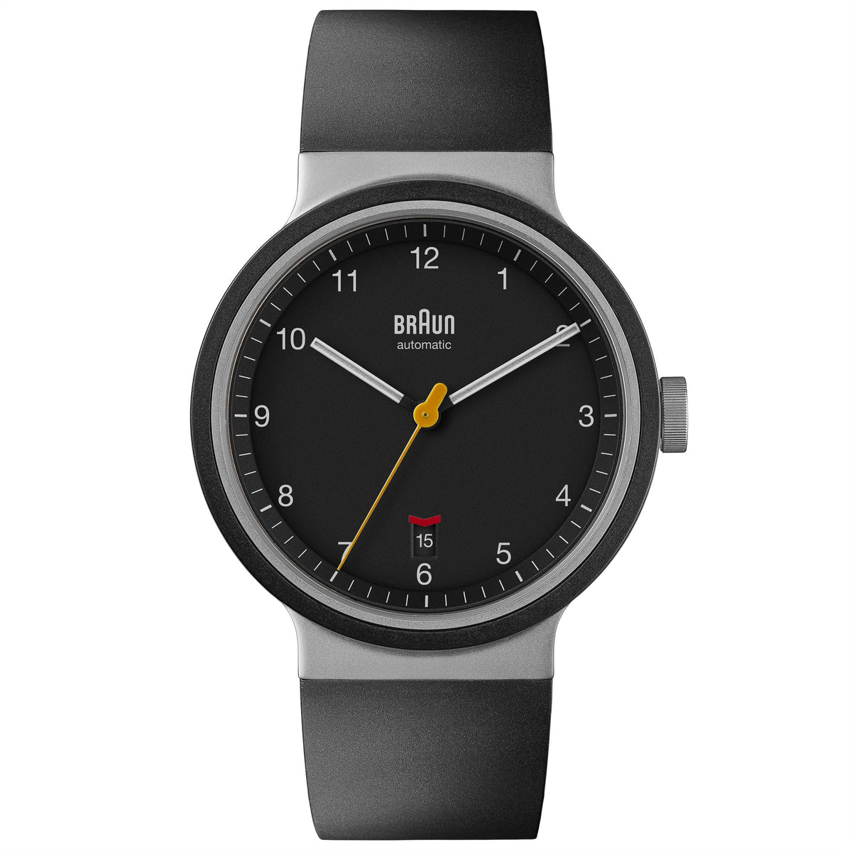 Men's automatic wristwatch with black dial and black rubber strap