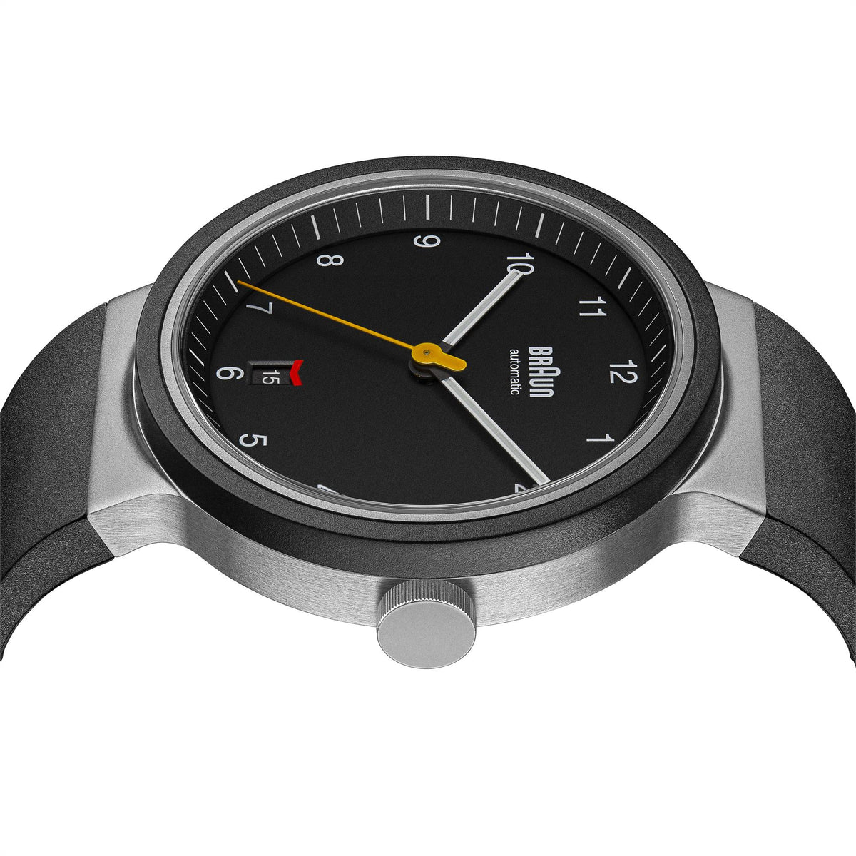 Men's automatic watch with black dial, silver case bezel, and black rubber strap