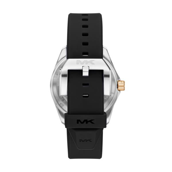 Watch case back view with MK branding and black silicone strap