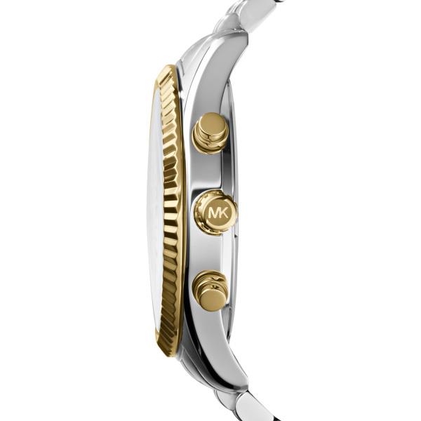 Men's chronograph watch side view with gold crown and pushers, steel case