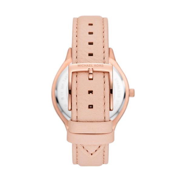 Michael Kors slim runway watch case back view with blush pink leather strap