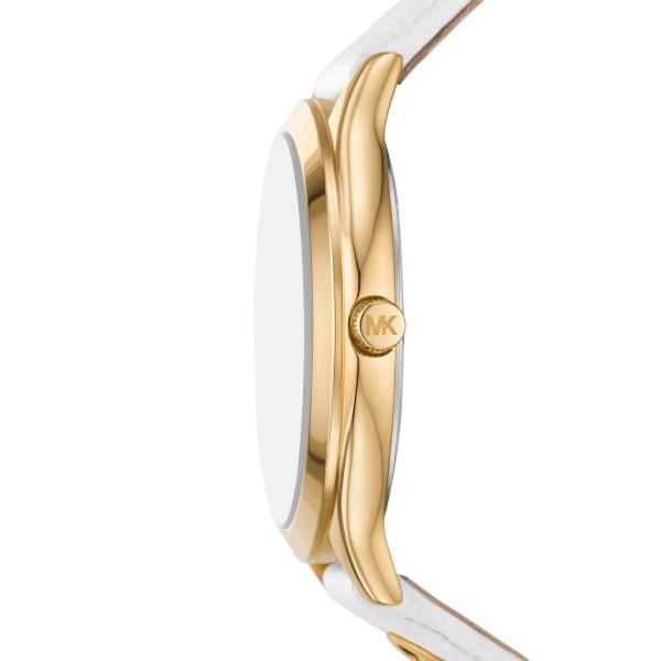Women's watch profile: gold-tone case with white leather strap and crown, white dial.