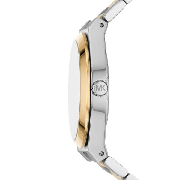 Two-tone steel quartz watch with white dial, gold-tone bezel and bracelet links