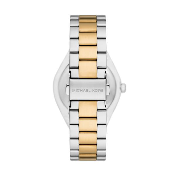 Two-tone steel quartz wristwatch with white dial and gold-tone center bracelet links