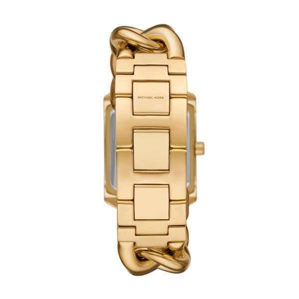 Women's gold-tone rectangular case watch with link bracelet and side crown