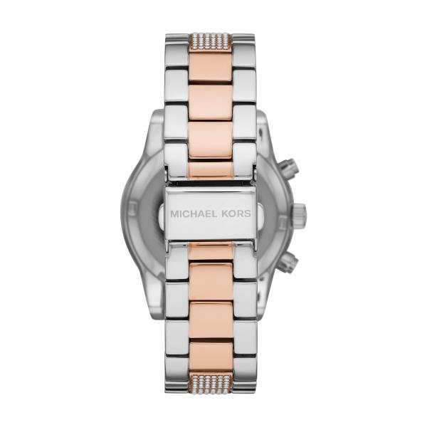 Two-tone watch with linked bracelet, rose-gold center panels, crystal accents, MK logo