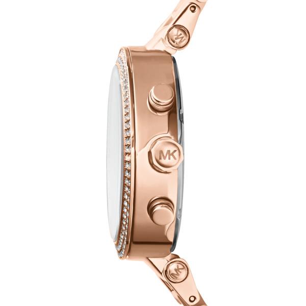 Michael Kors Parker chronograph watch rose gold-tone case with diamond bezel, steel strap