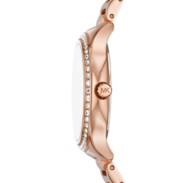 Women’s rose gold-tone watch with crystal bezel, MK logo, and hinged links