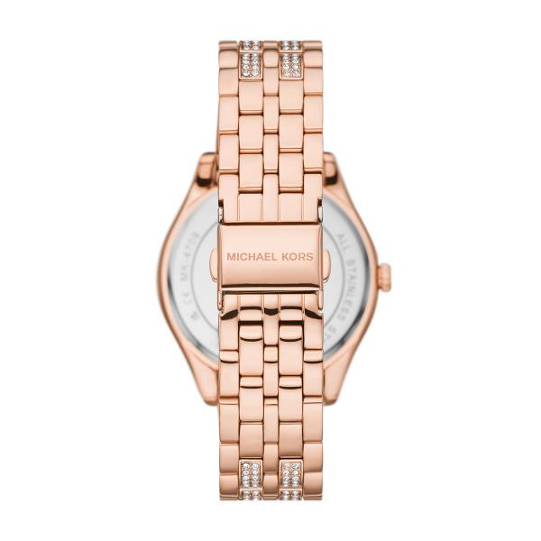 Rose gold-tone women's watch with metal link bracelet and polished dial details